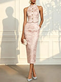 Women Pink Jacquard Stand Collar Sleeveless Elegant Top With Skirt Two-Piece Set