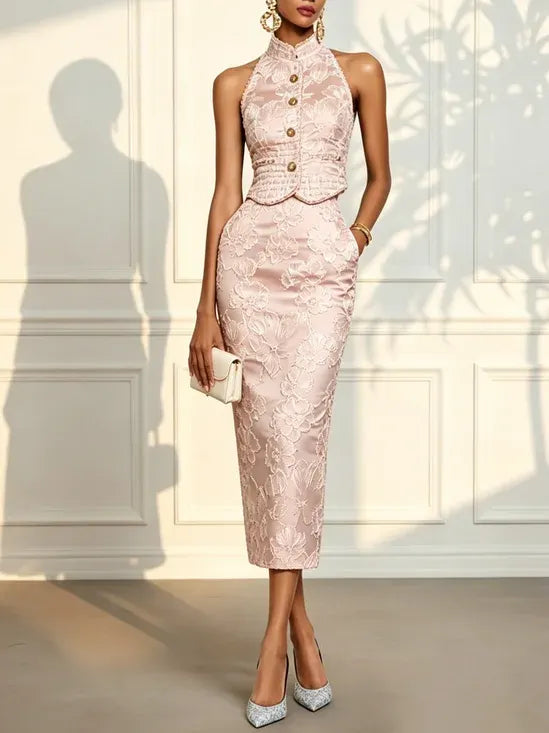Women Pink Jacquard Stand Collar Sleeveless Elegant Top With Skirt Two-Piece Set