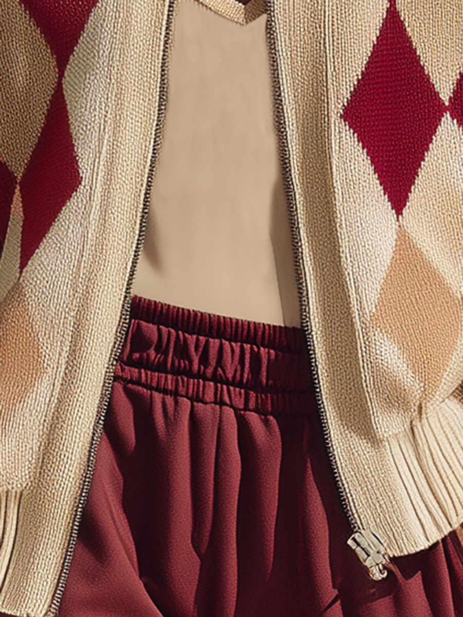 Resort-style Lapel Diamond Pattern Long-sleeved Knitted Cardigan