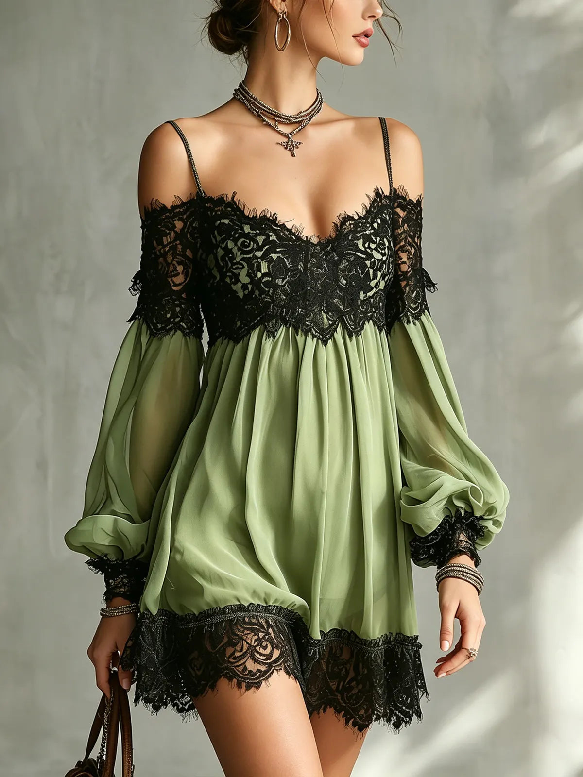 Green Off-Shoulder Chiffon Mini Dress With Black Lace Trim
