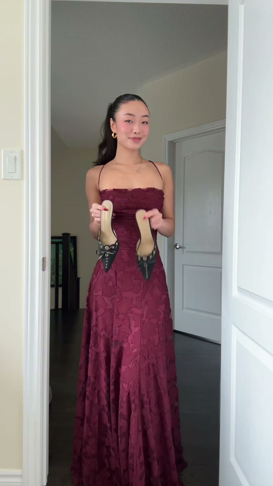 burgundy-jacquard-lace-up-gown-strapless-fit-and-flare-maxi-dress