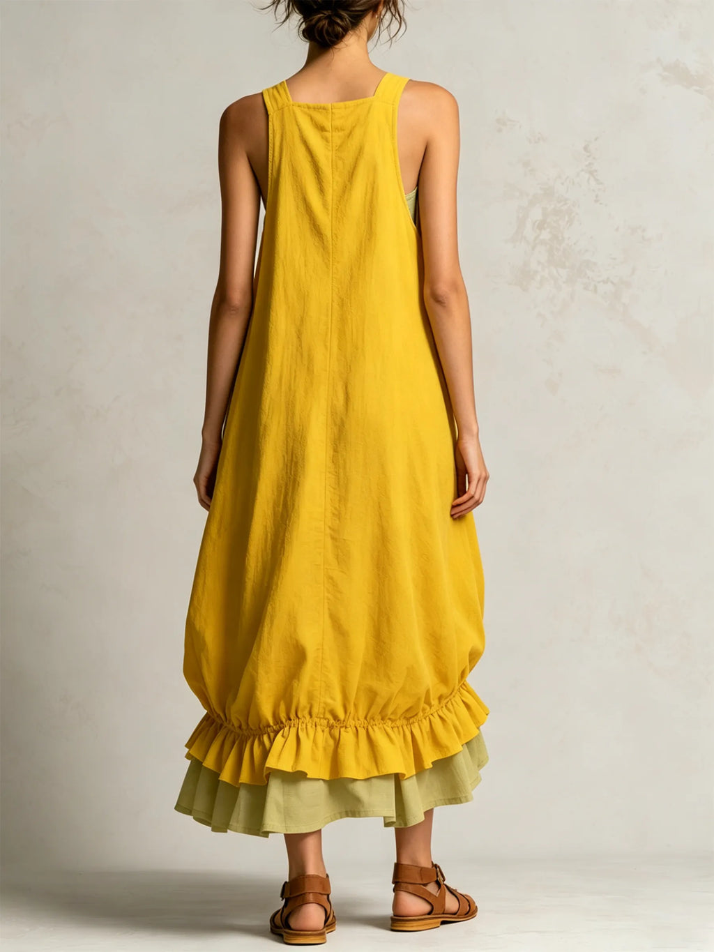 Black Sleeveless Big Pockets Layered Ruffle Hem Bubble Midi Dress