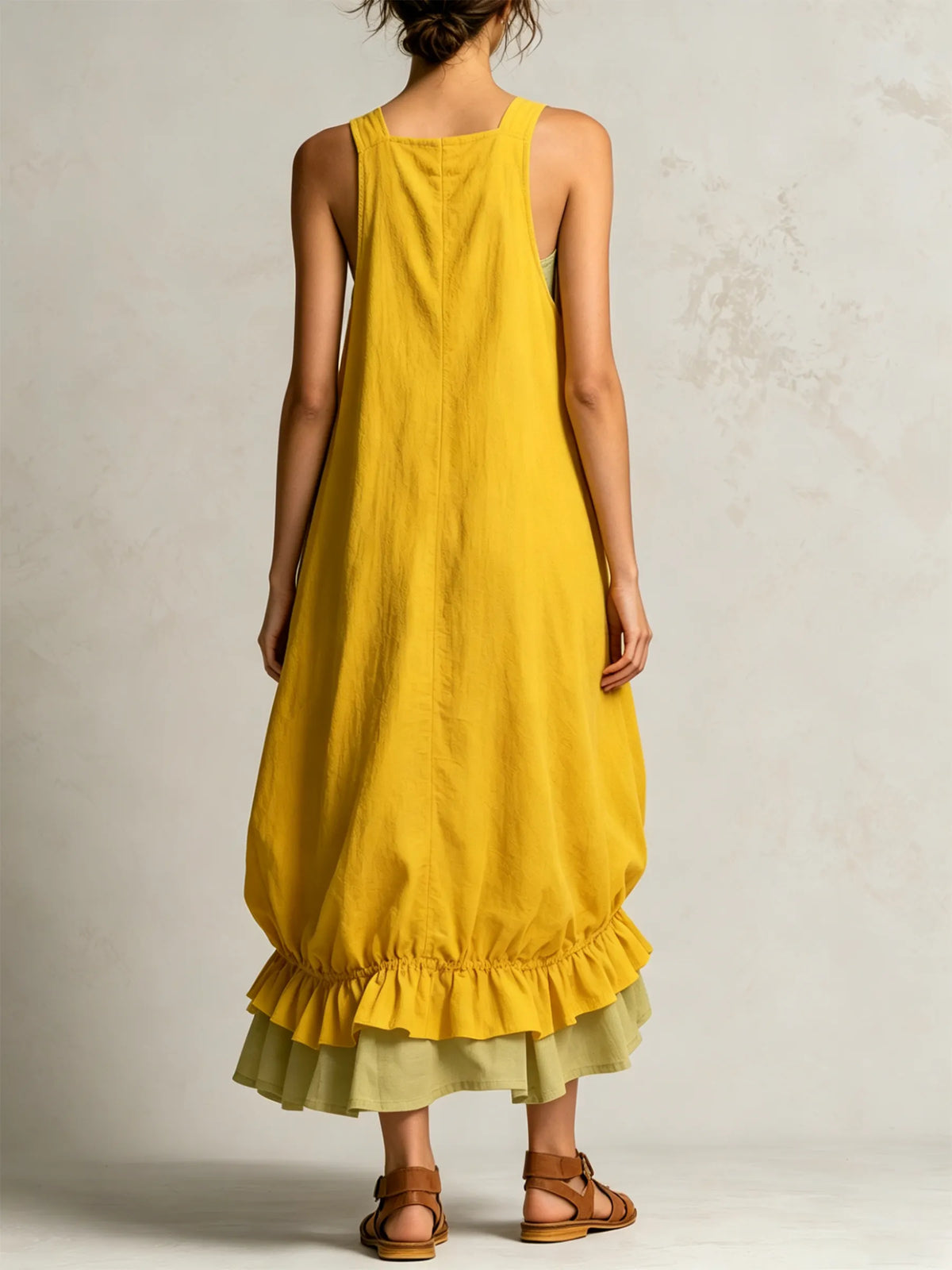 Black Sleeveless Big Pockets Layered Ruffle Hem Bubble Midi Dress