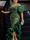 Spaghetti-Neck Sequined Falbala Solid Color Asymmetric Maxi Dress