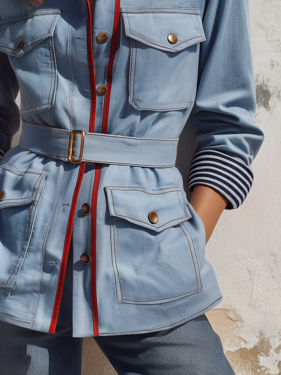 Casual Retro Color-blocked Trim Multi-pocket Jacket