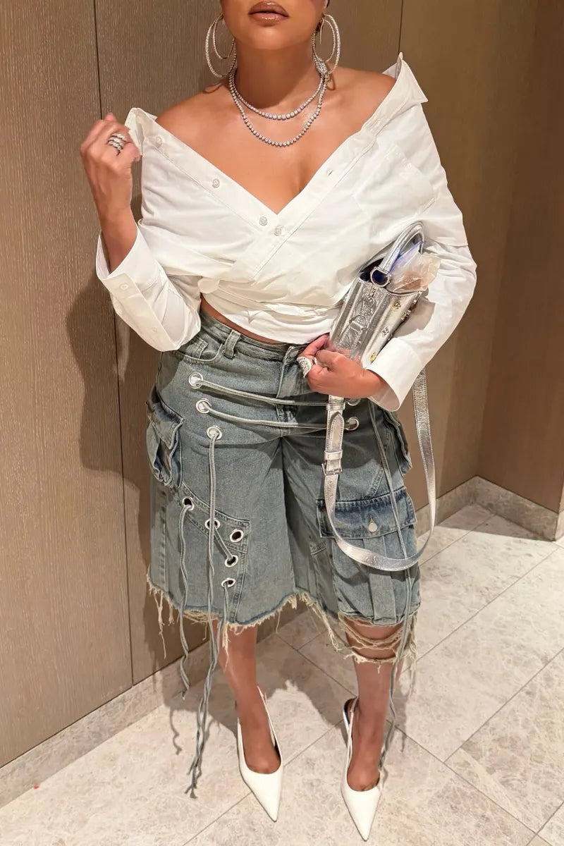 Off‐Shoulder Wrap Shirt & Denim Cargo Knee Shorts Outfit