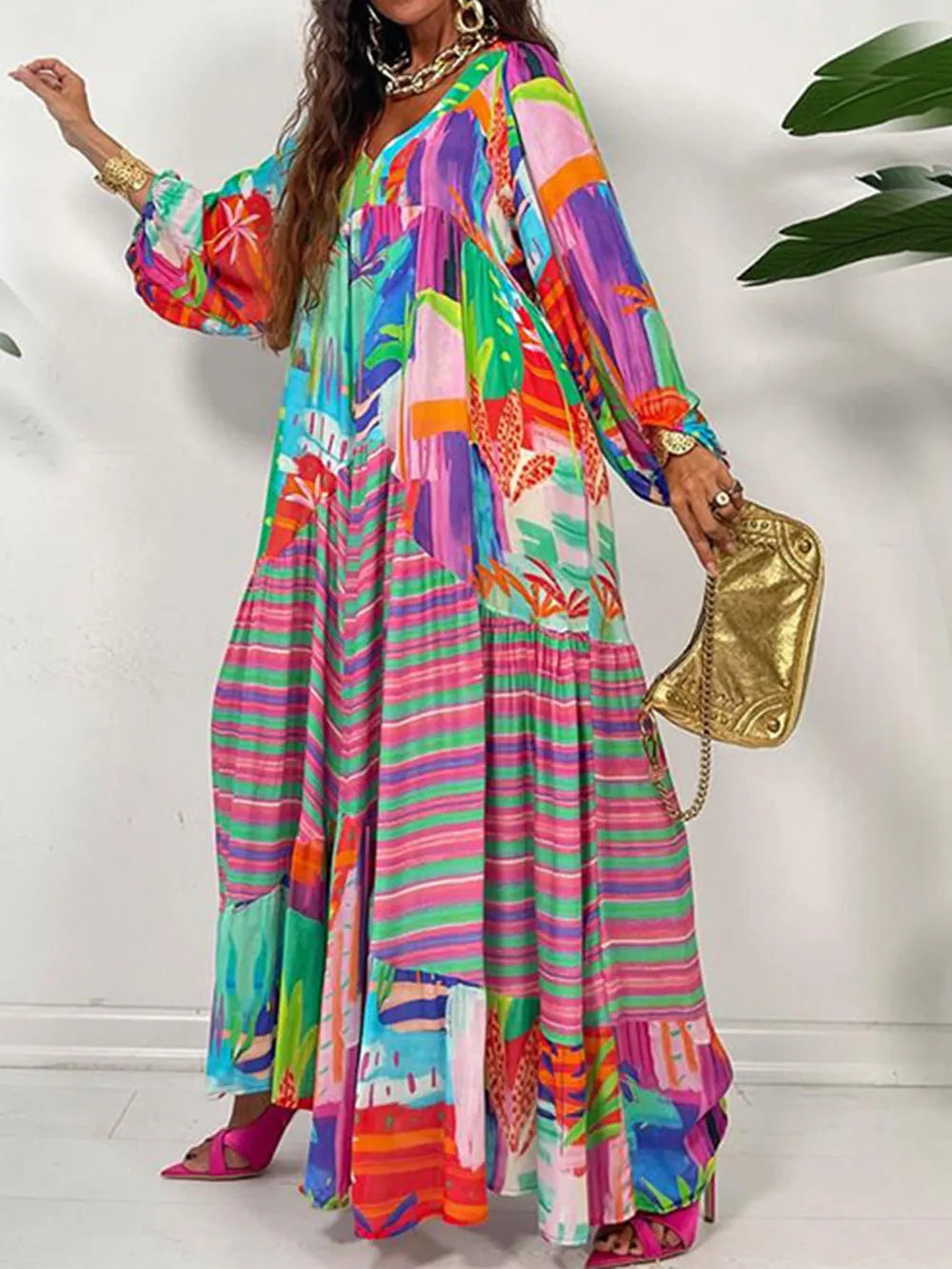 Oversized V-Neck Printed Maxi Dress