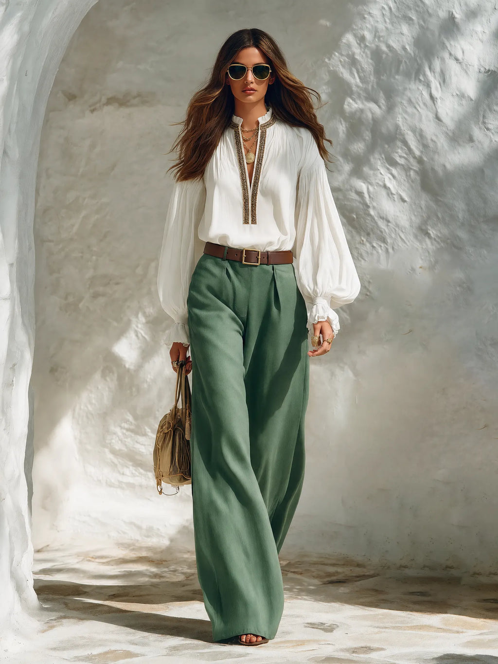 Resort-style V-neck Lantern-sleeve Top And Trousers Set