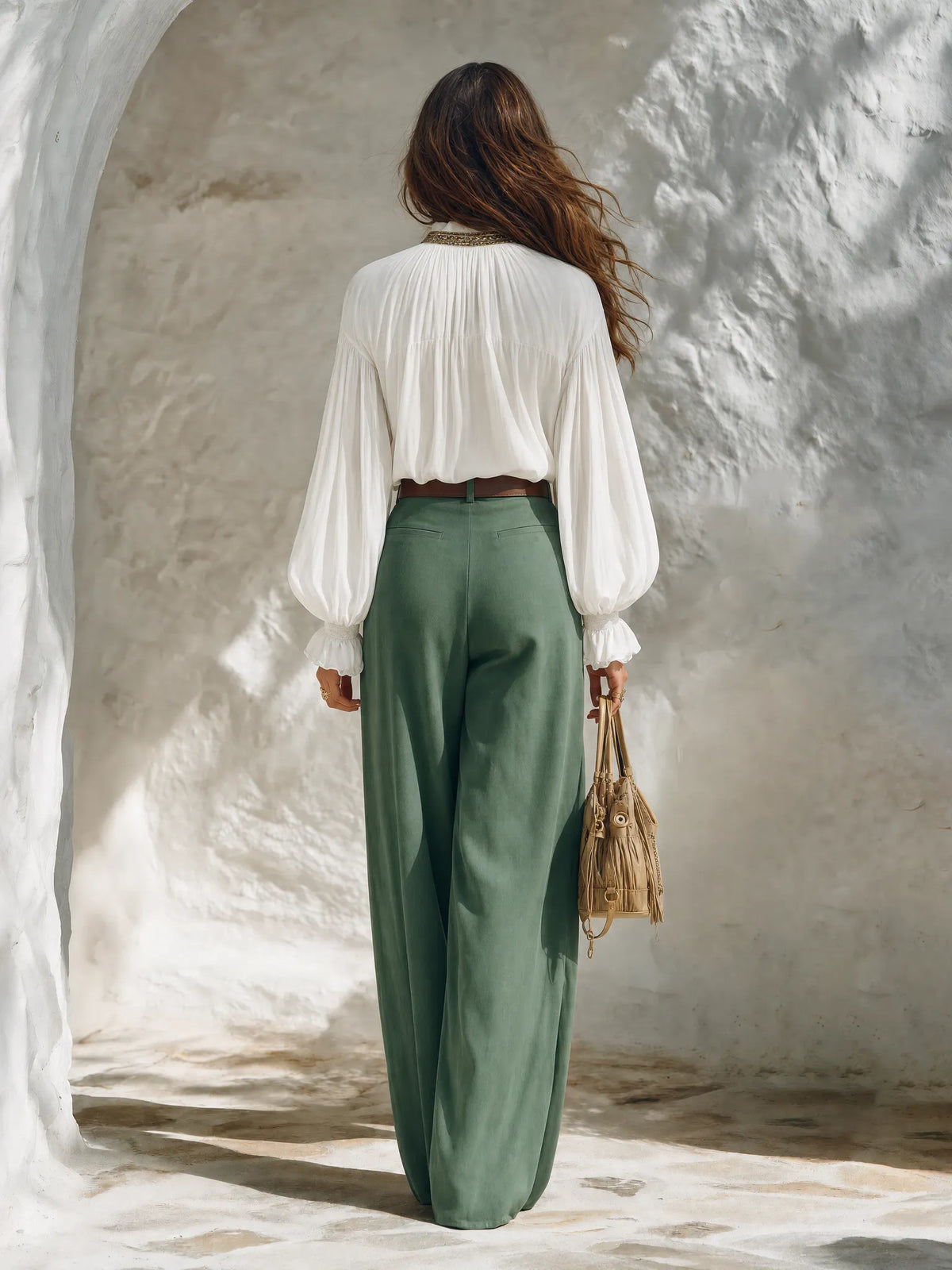 Resort-style V-neck Lantern-sleeve Top And Trousers Set