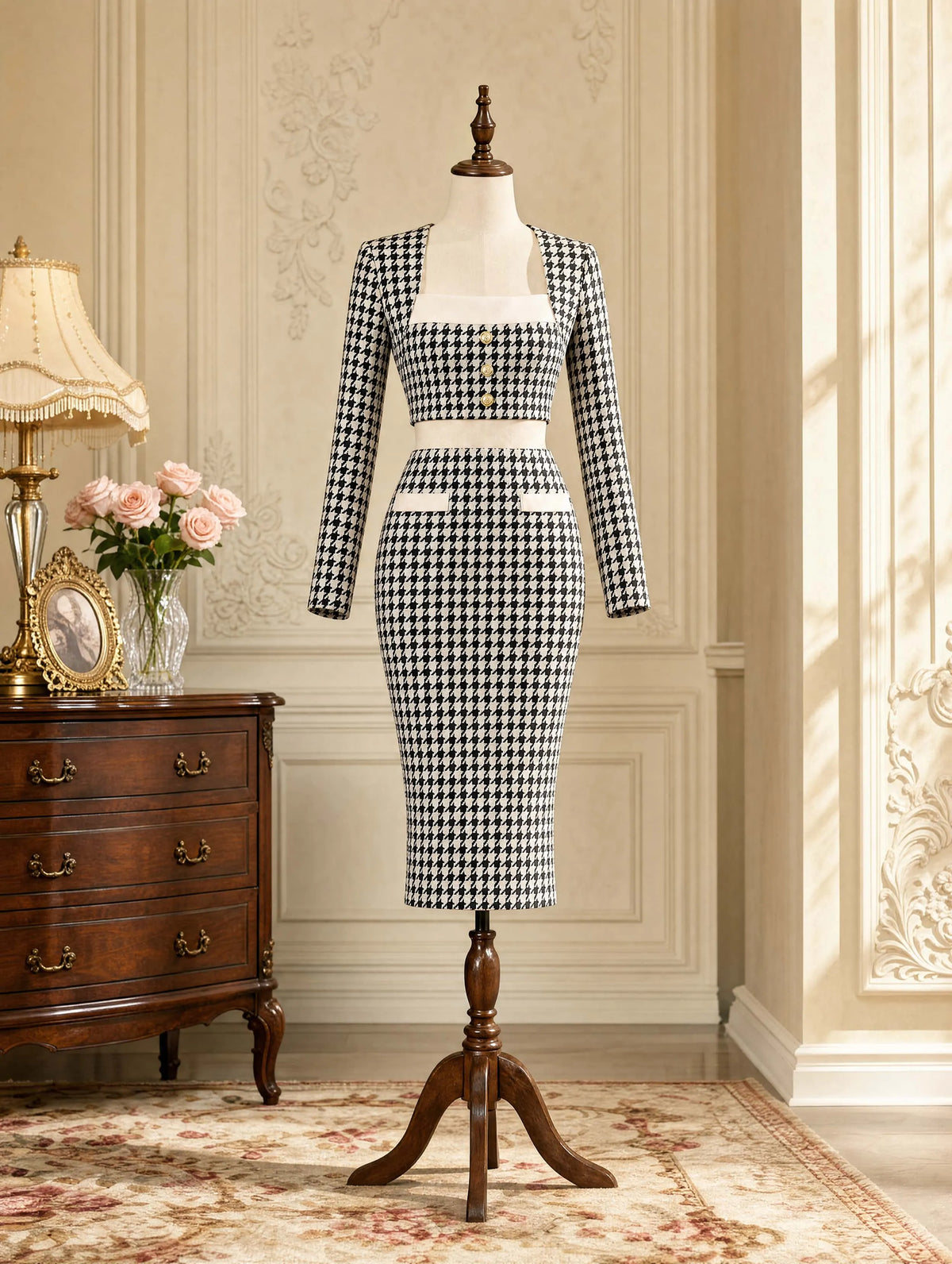 Houndstooth Color Block Square Neck Midi Dress