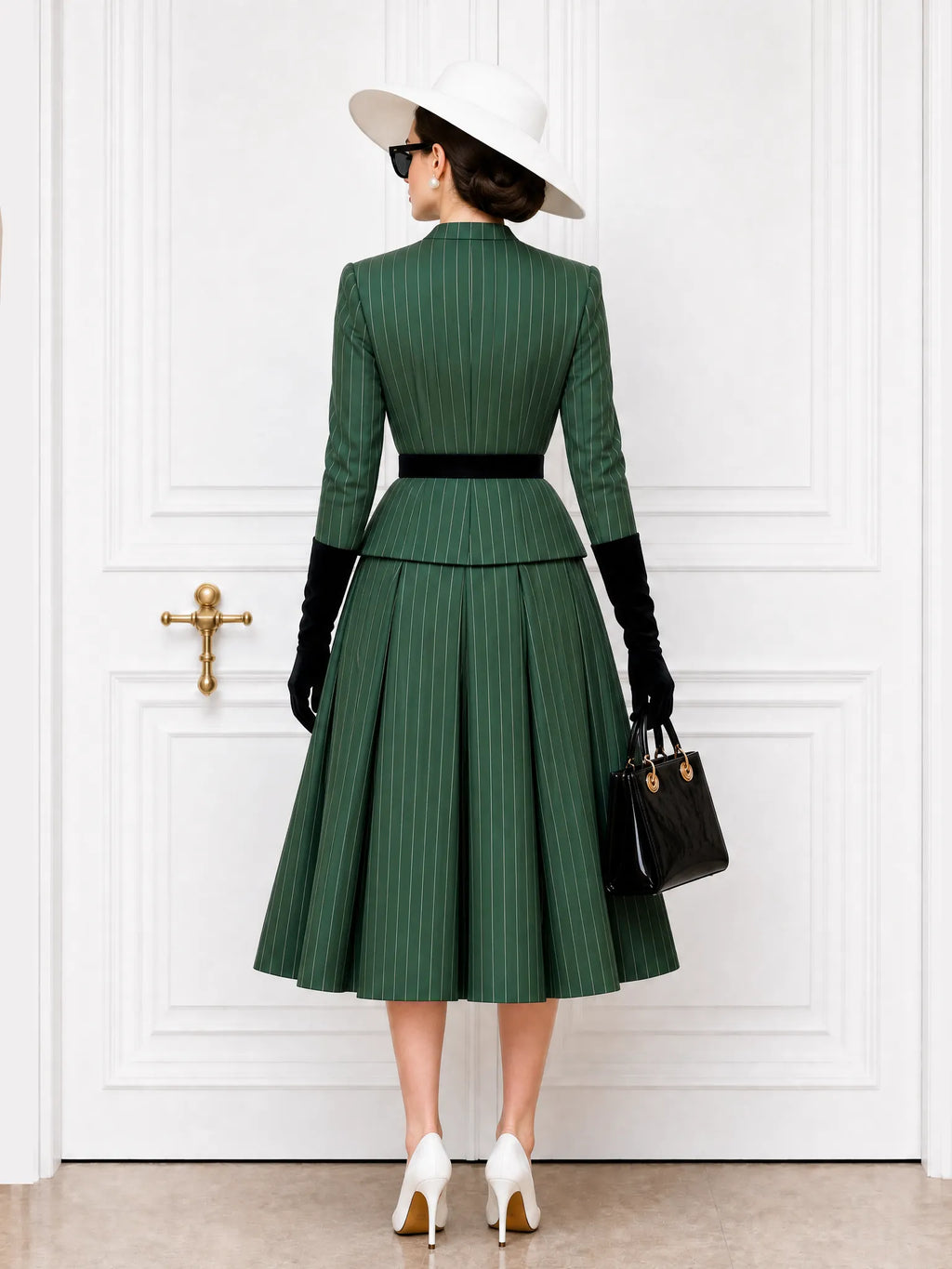 Vintage Striped V-Neck Blazer & Skirt Two-Piece Set