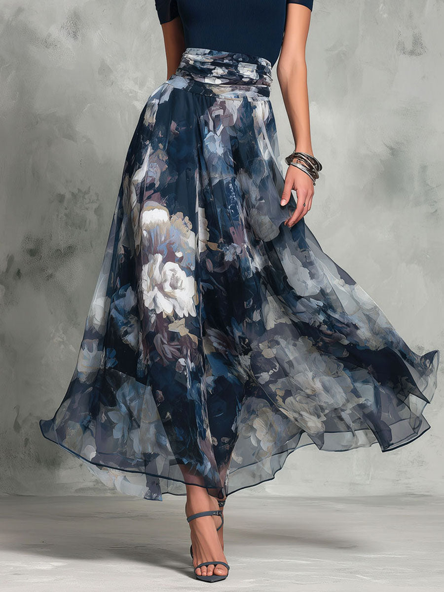 Women's Flowy Skirt With Watercolor Floral Print