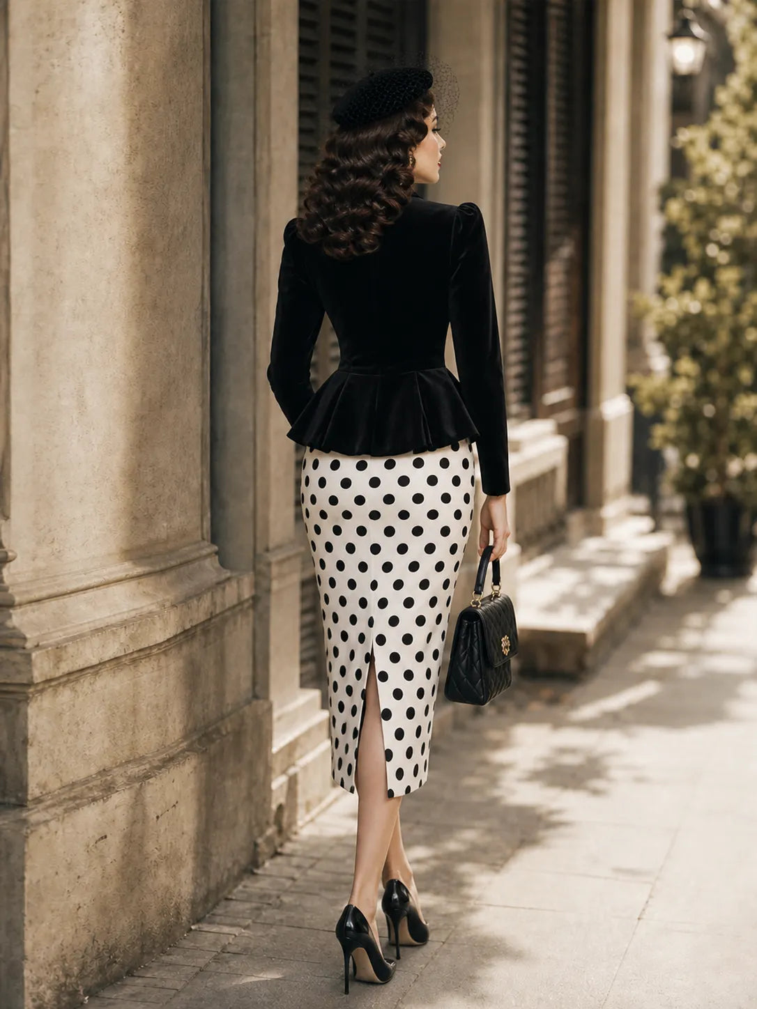 Vintage Black Velvet Puff Sleeve Peplum Top & Polka Dot Pencil Skirt Two-Piece Set
