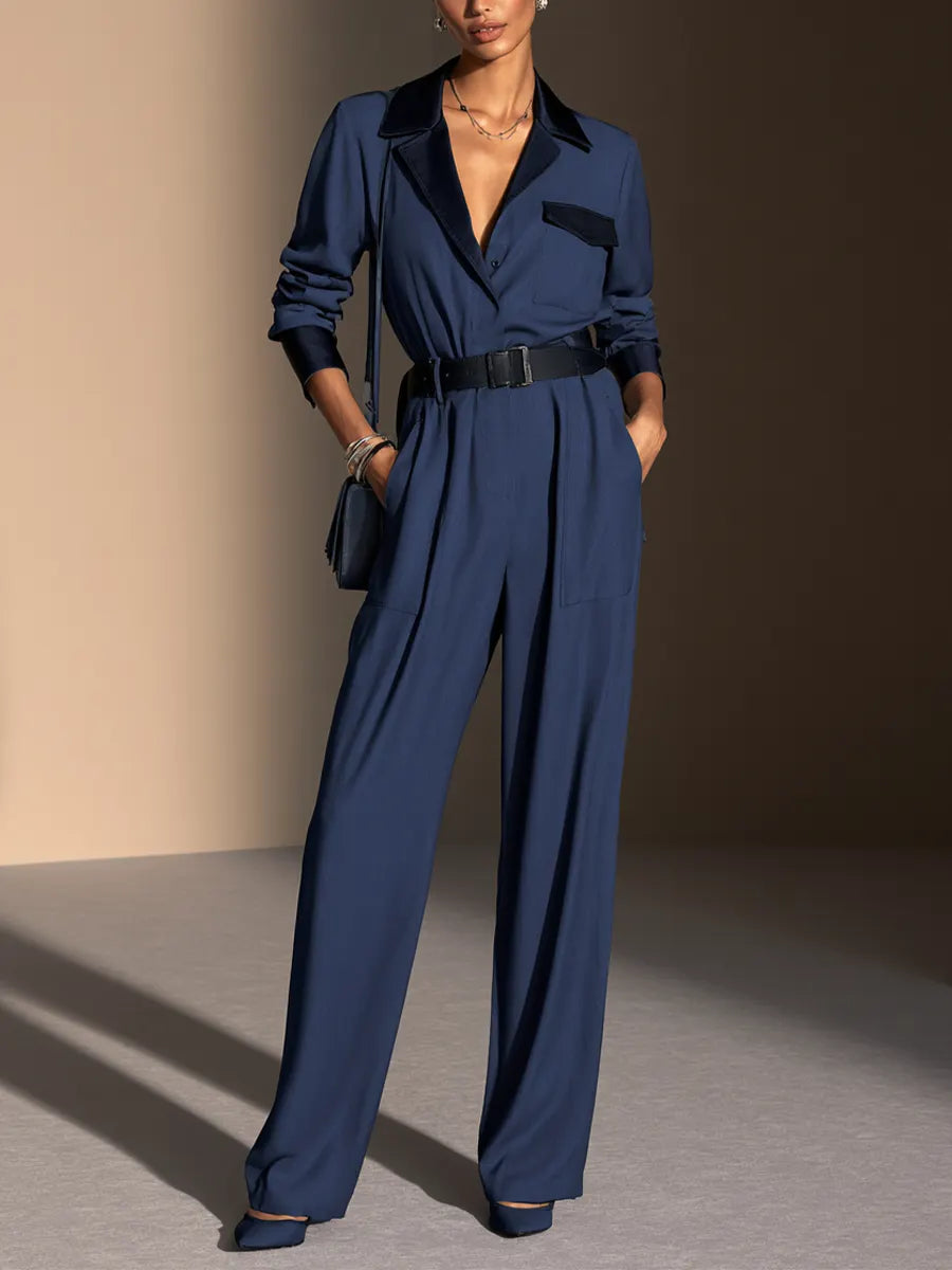 Women's Contrast Lapel Commuter Wide-Leg Jumpsuit (Belt Not Included) MDZ0125I1GMJ