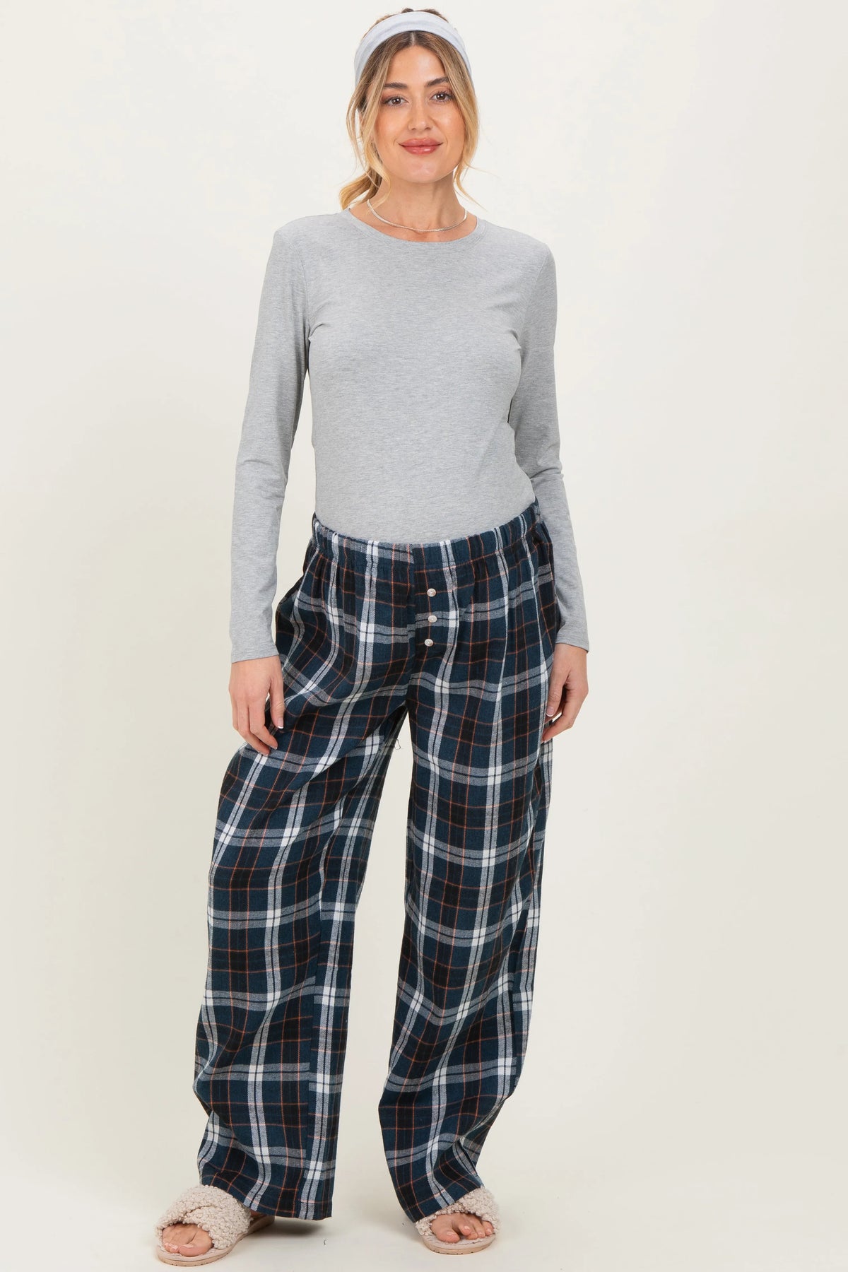 Navy Plaid Wide Leg Maternity Lounge Pants