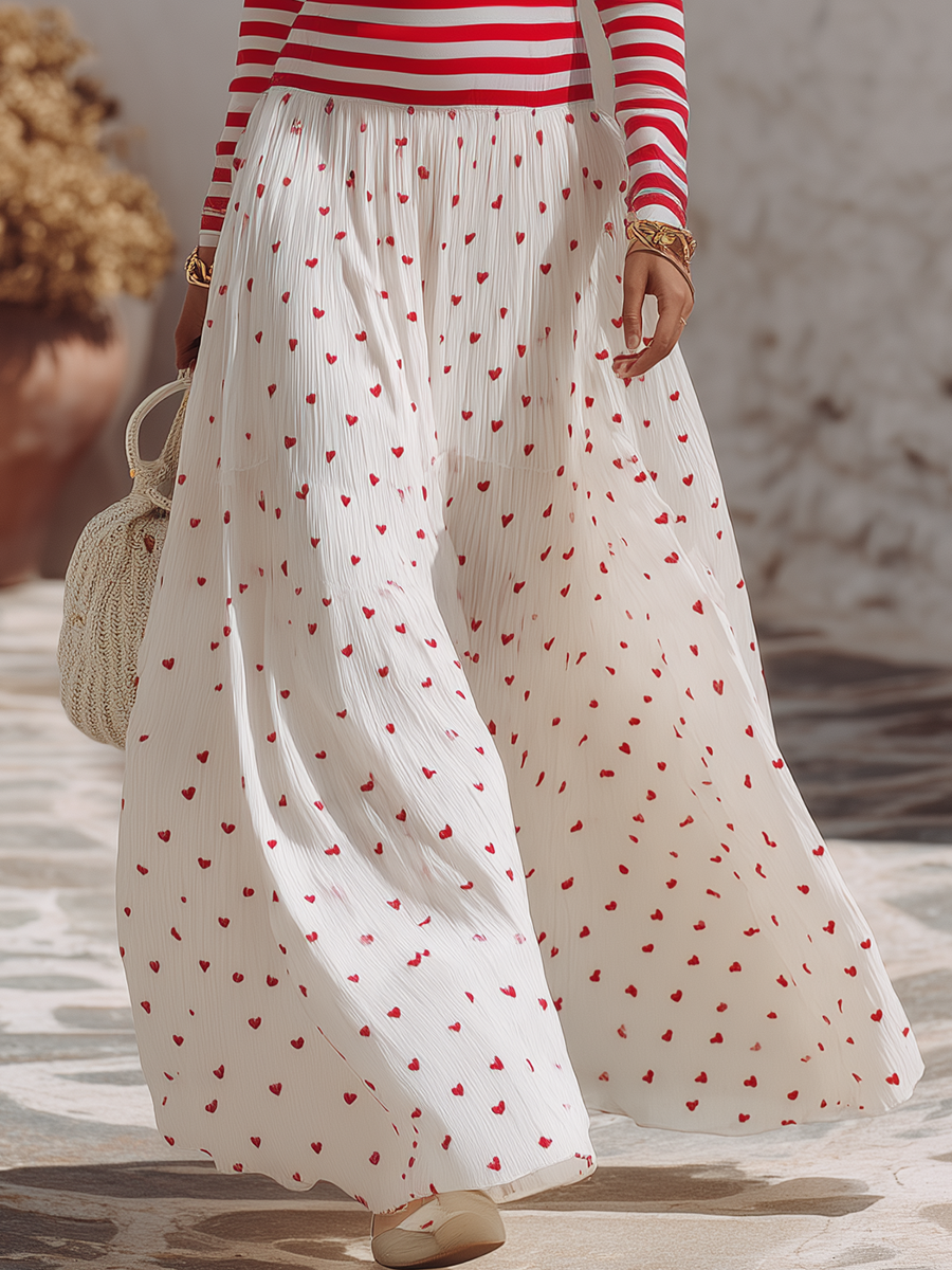 Vacation-style Striped Long-sleeve V-neck Top And Heart-print Chiffon Skirt Set