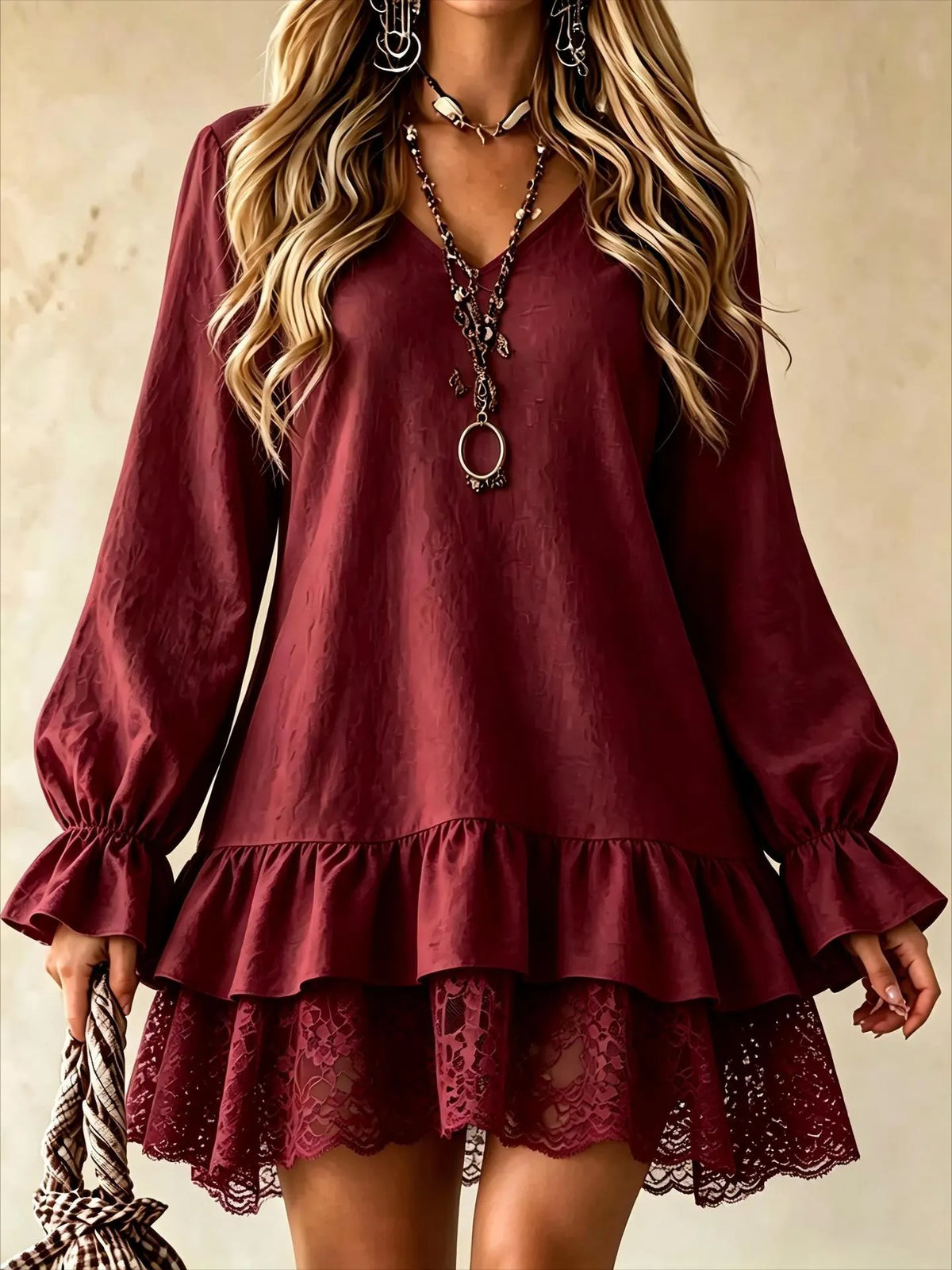Long-Sleeve Dress with Lace Panels