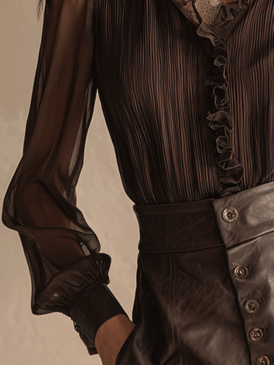 Dark Mocha Ruffle Sheer Pleated Shirt