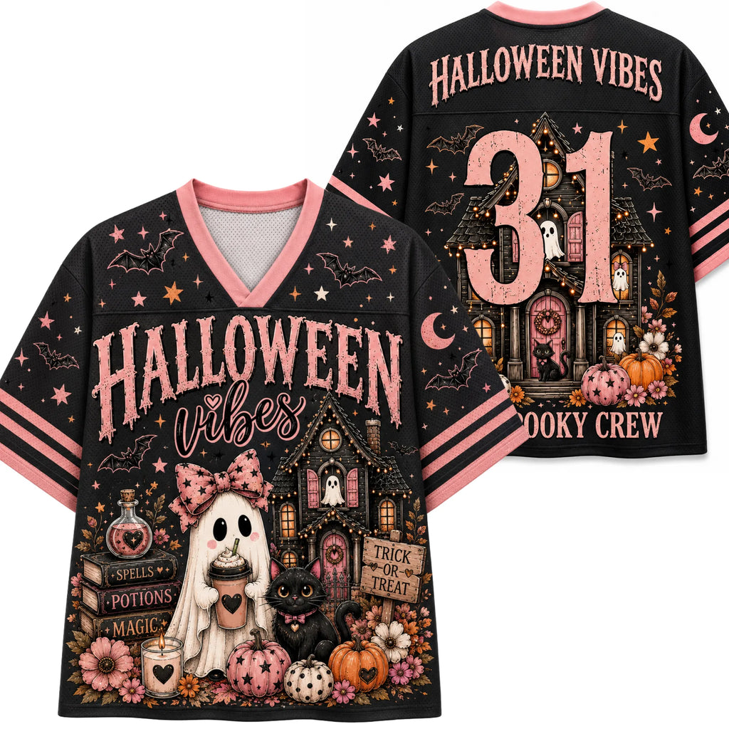 Chaotic Club Pink Coquette Ghost Halloween Vibes Spooky Crew Mesh Jersey