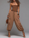 Boho-chic Shirred Top & Lace-Paneled Cargo Pants Set