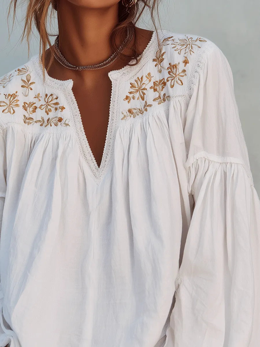 Boho White Embroidered Cotton Long Sleeve Blouse