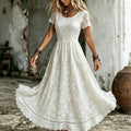 Women's White Rose Art Embroidered Linen Blend Round Neck Maxi Dress