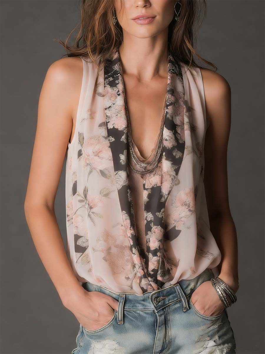 Bohemian Floral Print Chiffon Halter Top