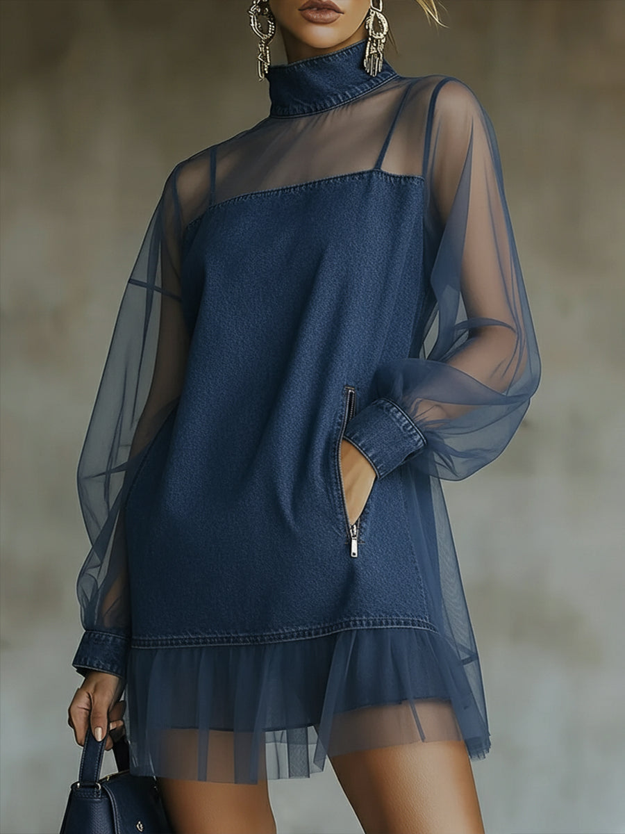 Fashionable Patchwork Organza Denim Mini Dress