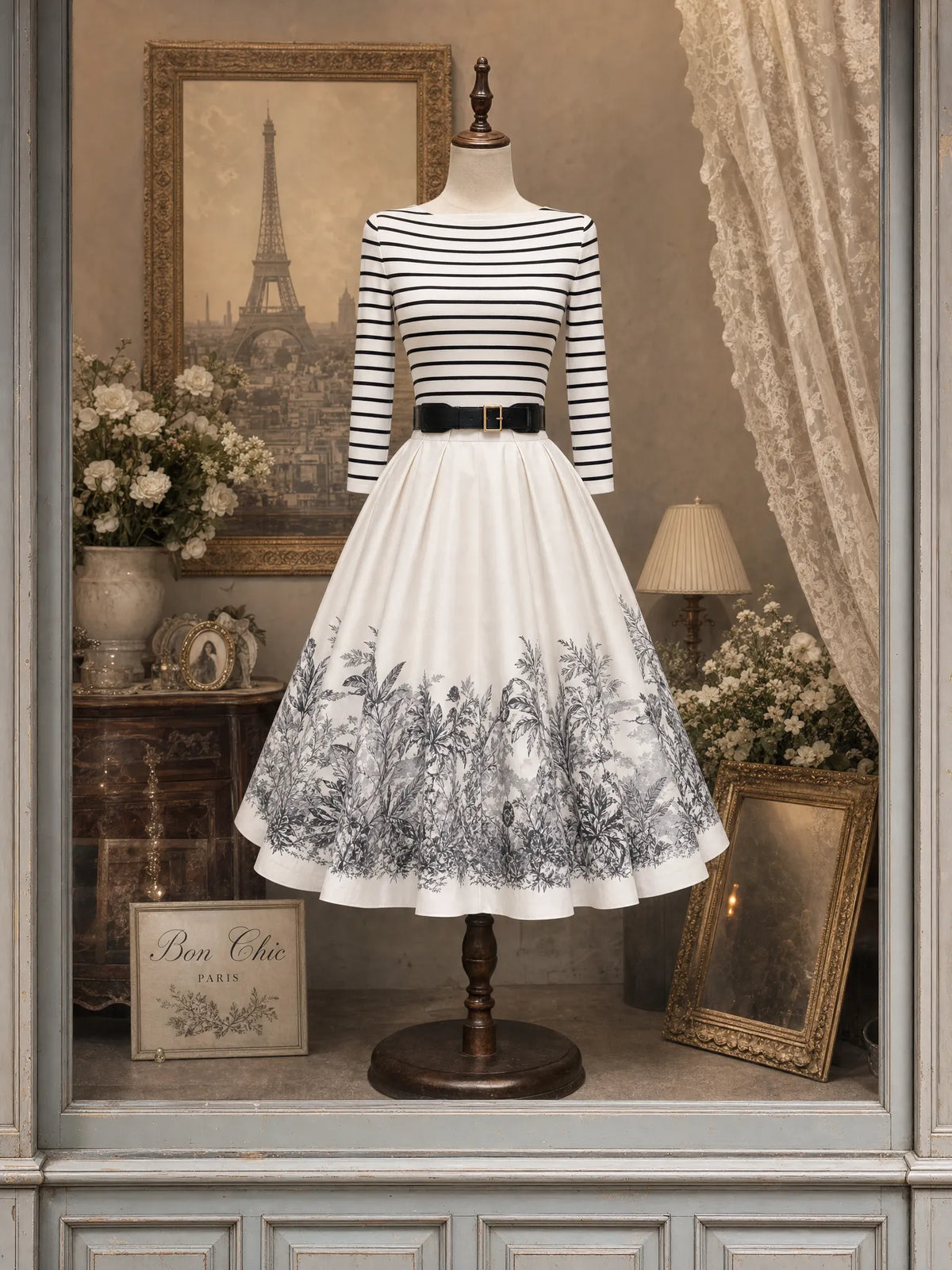 Vintage Striped Knit Top Printed Flared Skirt Set