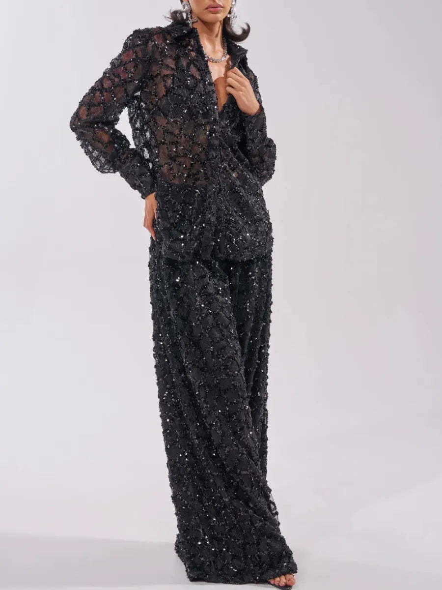 Sequin Sheer Shirt & Wide Leg Pants Two‐Piece Set