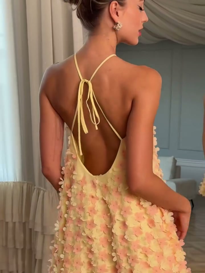 butter-yellow-3d-floral-halter-mini-dress-tiered-babydoll-party-dress