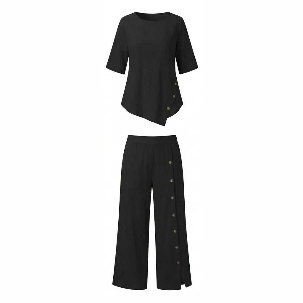Casual Linen Blend 2-Piece Set with Button Details