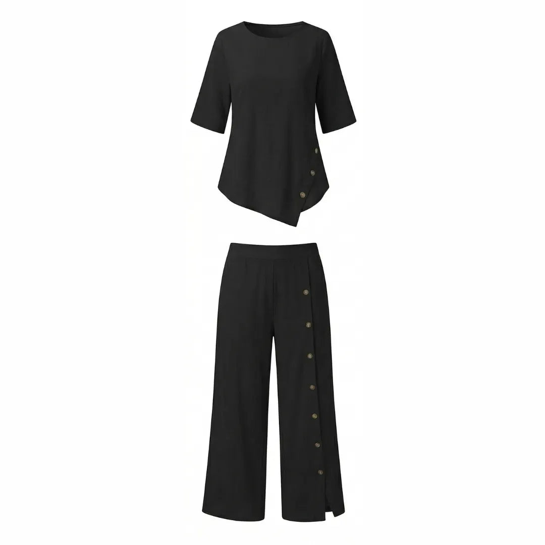 Casual Linen Blend 2-Piece Set with Button Details