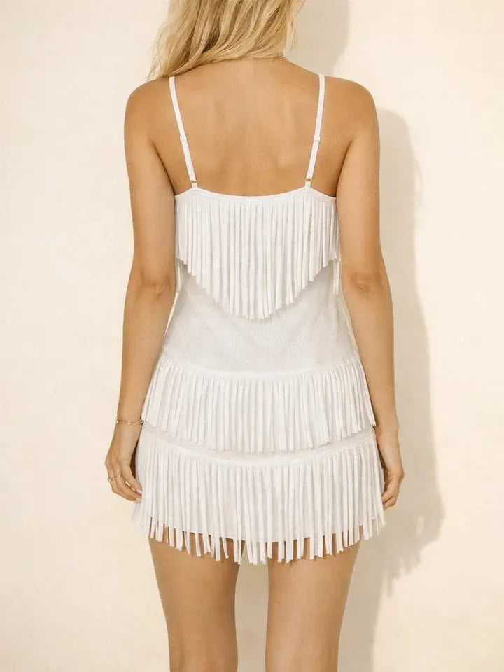 White Cotton Blend Fringe Mini Dress With Adjustable Straps