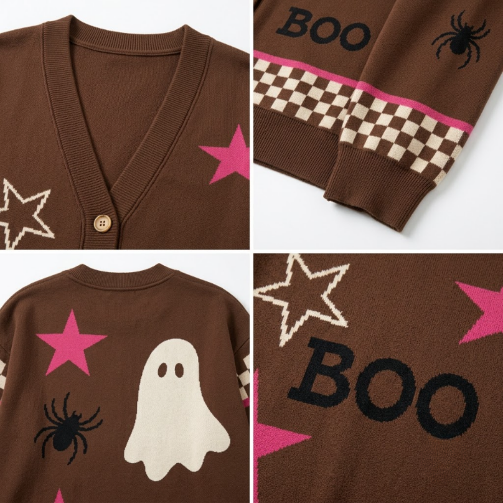 Chaotic Club Cute Brown Pink Ghost Star Checkered Cardigan