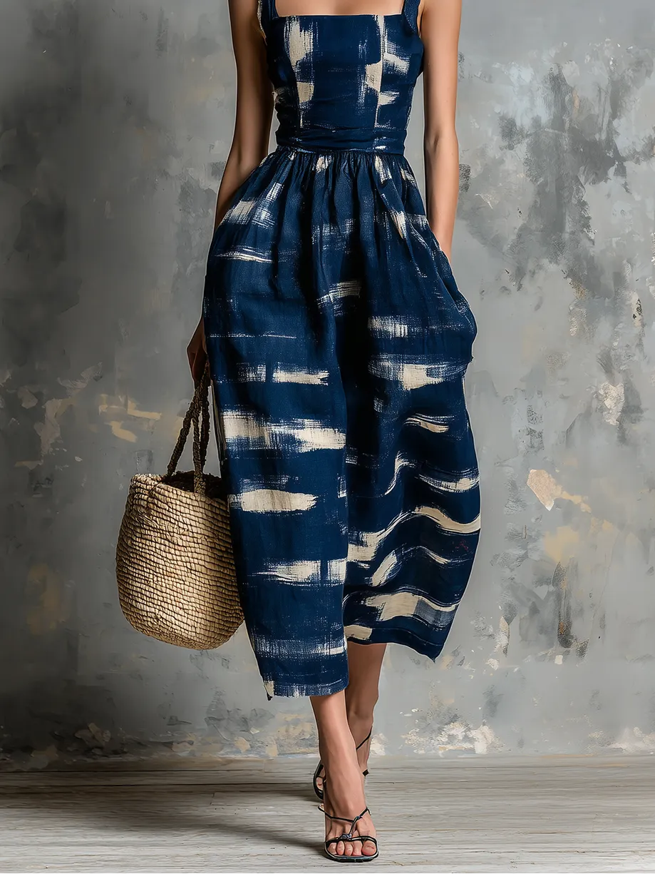 Navy Blue Retro Print Halter-Style Dress