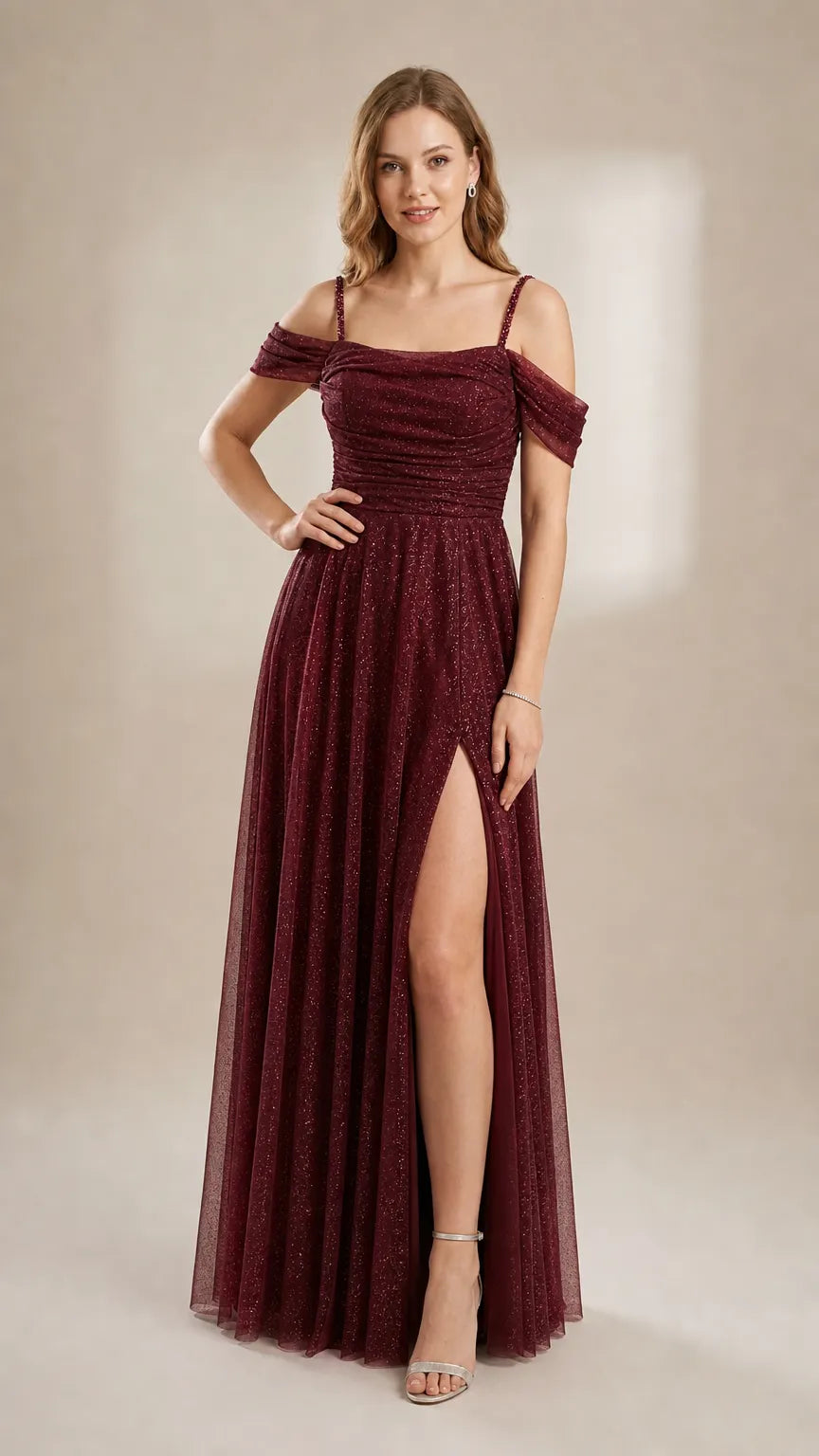 Glitter Mesh Off-the-Shoulder Evening Gown with Beaded Straps and Thigh Slit