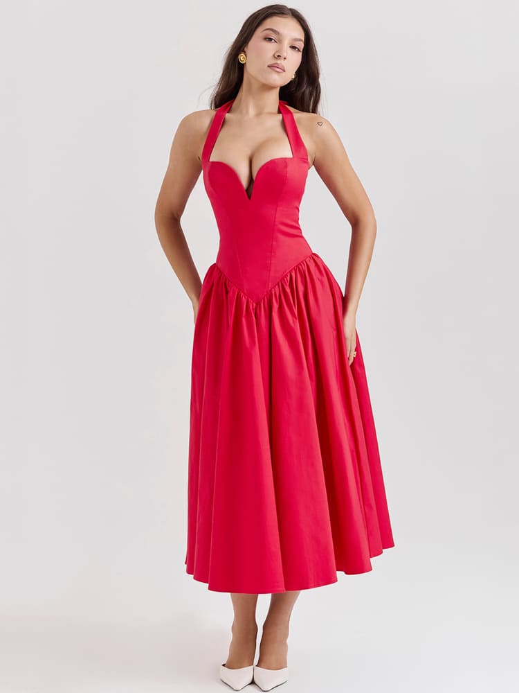 Halter Neck Midi Dress with Side Slit - Scarlet Red