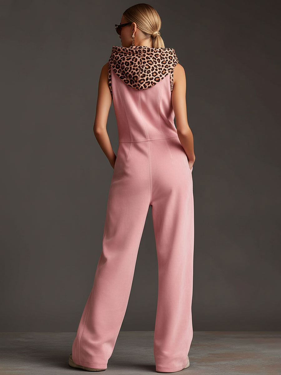 Western Retro Pink Faux Suede Sleeveless Leopard Print Hooded Wide-Leg Jumpsuit