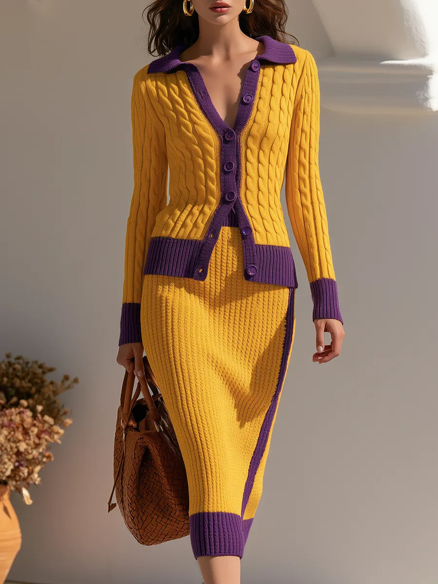 Retro-style Cable-knit Color-block Sweater And Skirt Set