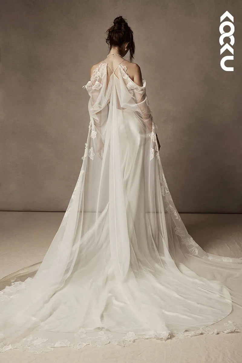 K1823 - Spaghetti Straps Satin Tulle Mermaid Long Wedding Dress With Sweep Train