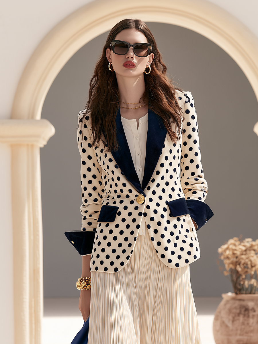 Women's Contrast Lapel Polka Dot Velvet Blazer