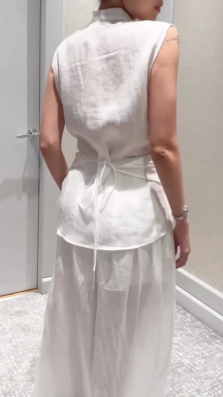 White Wrap Tie Sleeveless Linen Two‐Piece Set