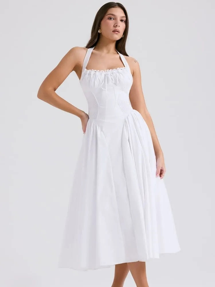 White Backless Halter Midi Dress