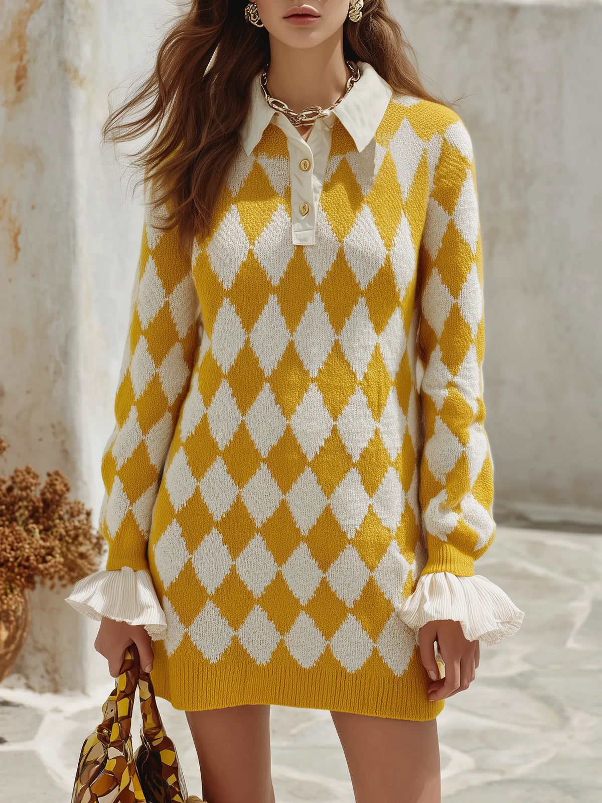Old Money Preppy Vibe Mustard Yellow White Argyle Faux Two Piece Knit Mini Dress