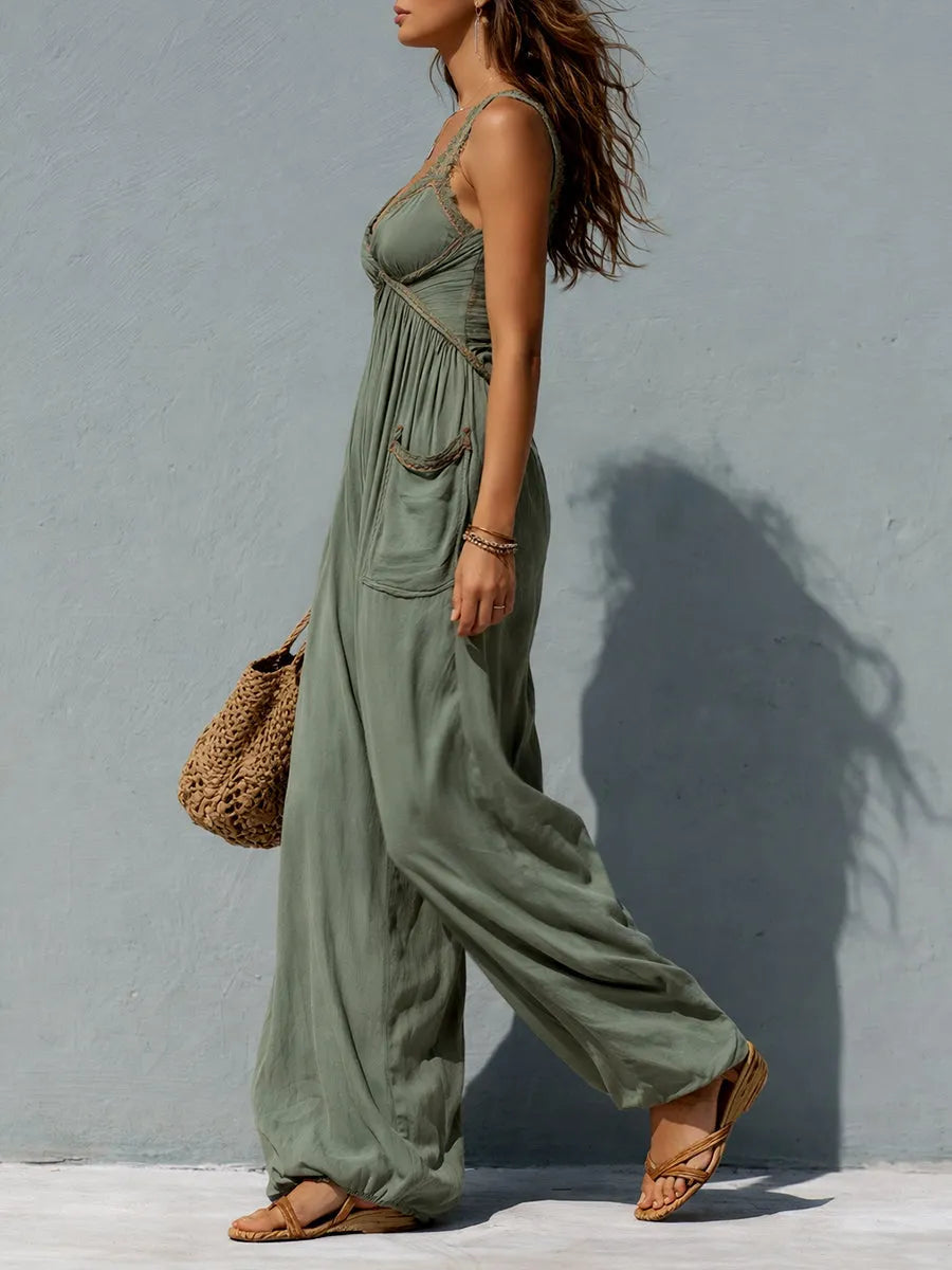 Boho Lace-Trimmed Wide-Leg Jumpsuit With Patch Pockets