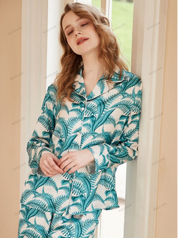 Mimosa Pattern Ice Silk Long Sleeve Casual Wear Set