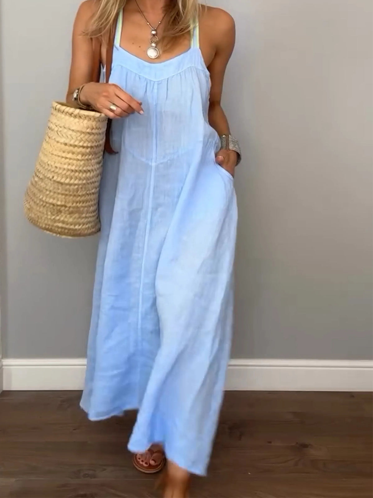 Women Solid Cotton and Linen Slip Dress