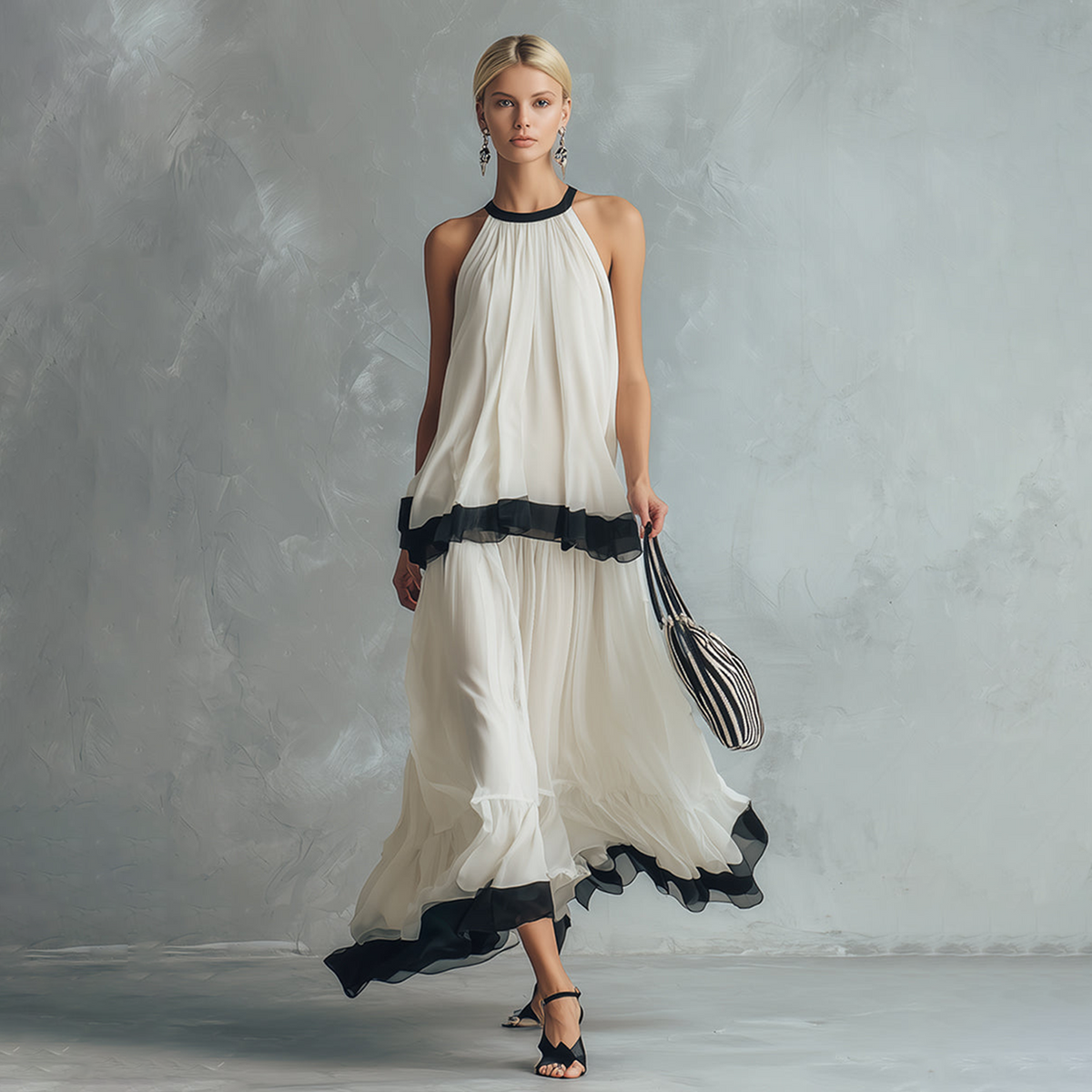 Elegant Minimalist Colour-blocked Ivory Chiffon Halter-neck Top And Maxi Skirt Ensemble