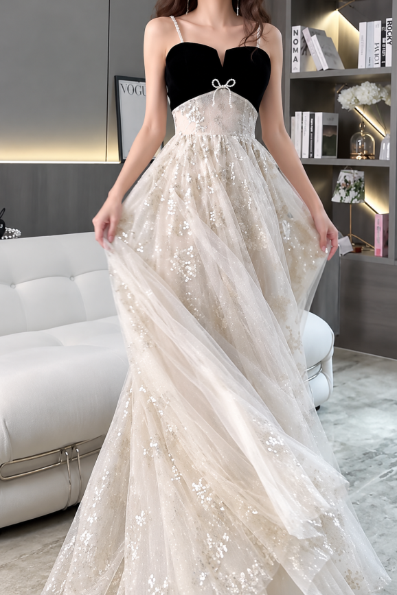 champagne-tulle-gown-black-velvet-bodice-sequin-maxi-with-bow